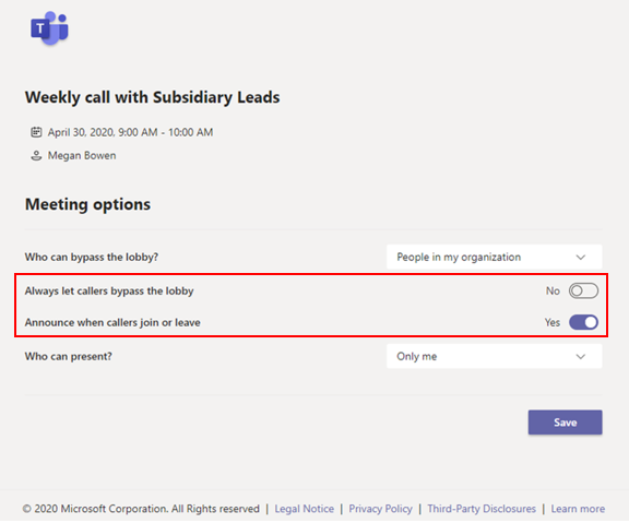 Setari lobby pentru participantii PSTN in Teams