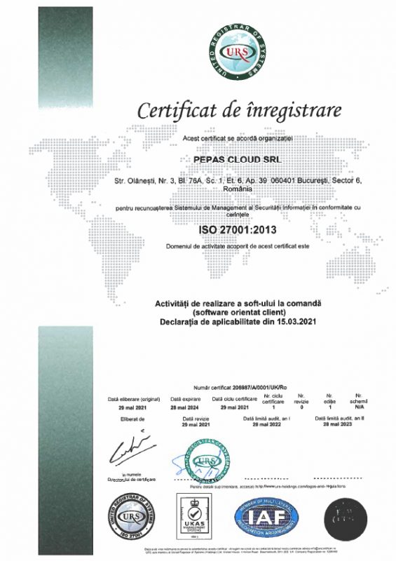 Pepas Cloud - Certificare ISO 27001